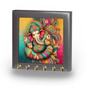 Framed Ganesha canvas wall decor with musical art and brass hooks for gifting
