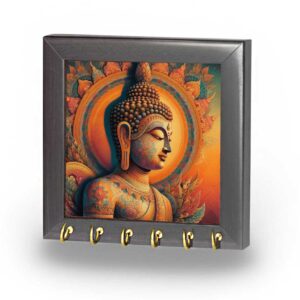 Framed Buddha canvas painting with brass key hooks for wall decor