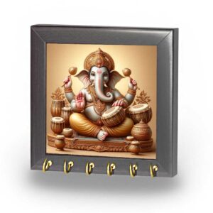Ganesha canvas key holder with musical theme and brass hooks for home décor