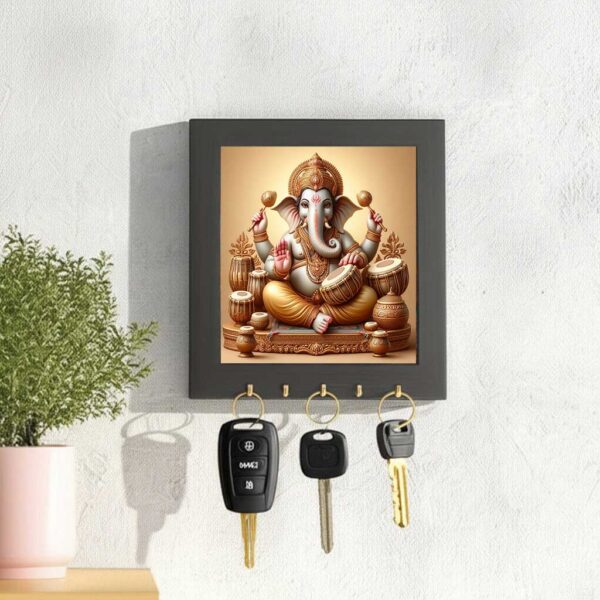 Ganesha Canvas Key Holder – Divine Music Wall Decor with Brass Hooks - Image 2