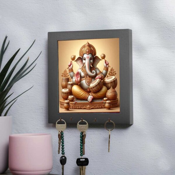 Ganesha Canvas Key Holder – Divine Music Wall Decor with Brass Hooks - Image 3