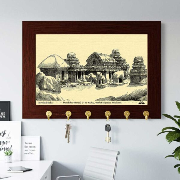 Five Rathas Mahabalipuram Canvas Key Holder - A Classic Souvenir from India’s Stone Chariots - Image 2