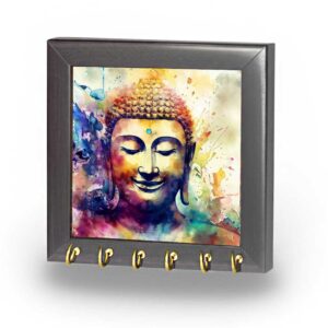 Colorful Buddha wall art in vibrant watercolor style – spiritual home décor with utility hooks